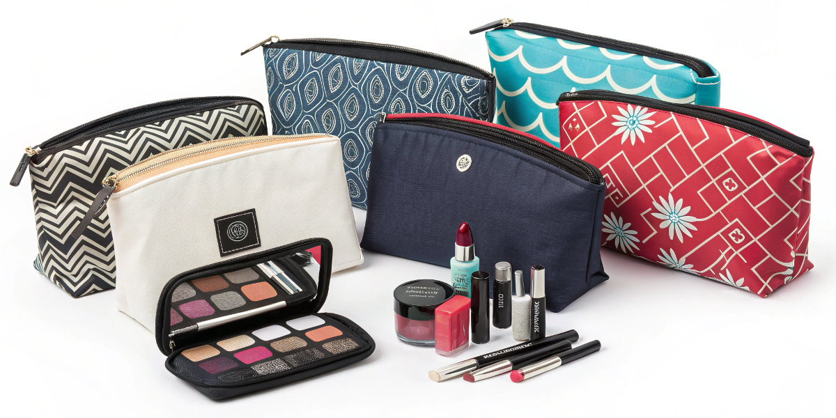 Perfect Private Label Makeup Bags for Brands An assortment of seven different stylish private label makeup bags