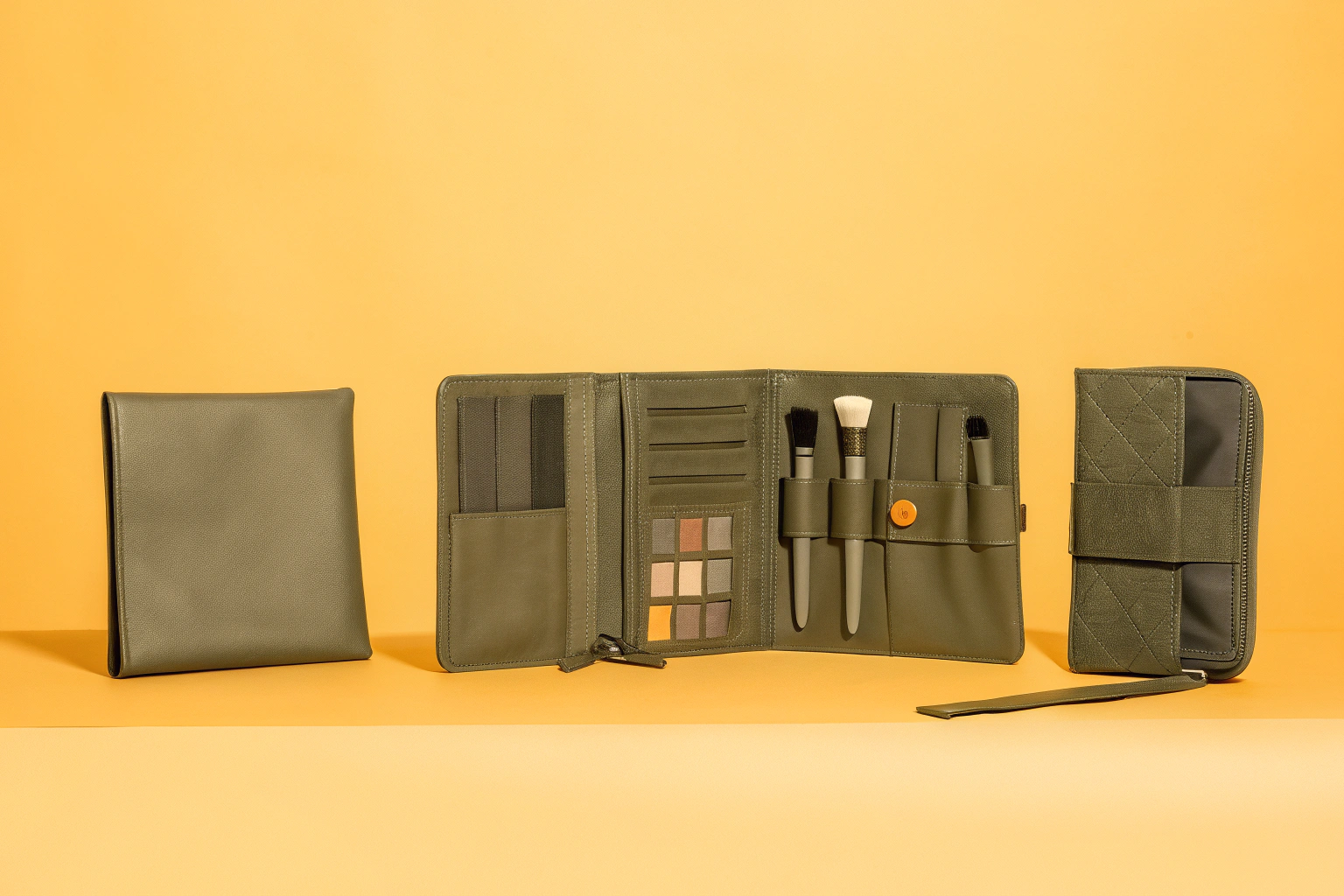 A mood board showing different makeup bag materials, interior layouts, and logo placement options