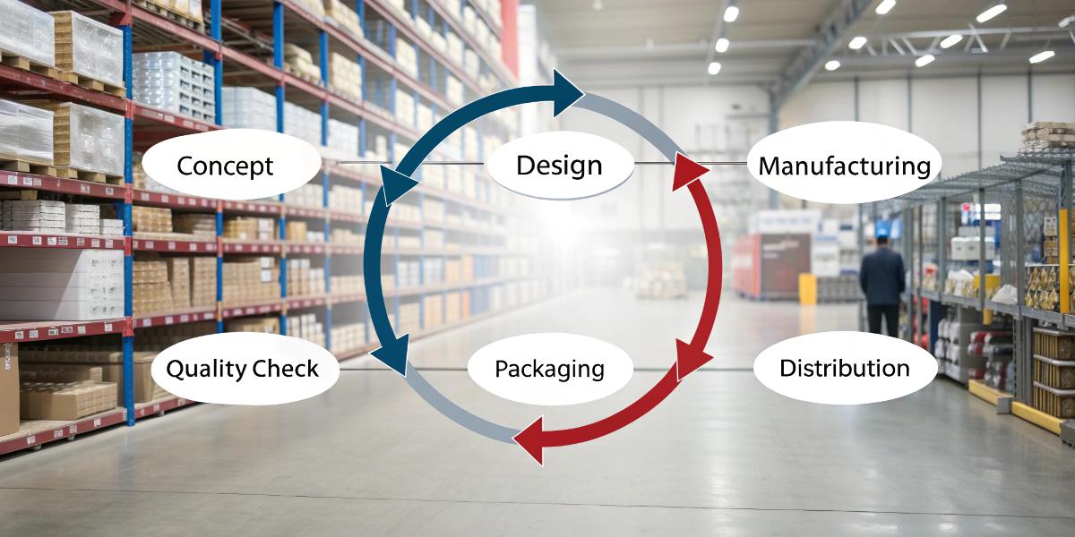 An infographic showing the circular flow of the private label cosmetic bag development process