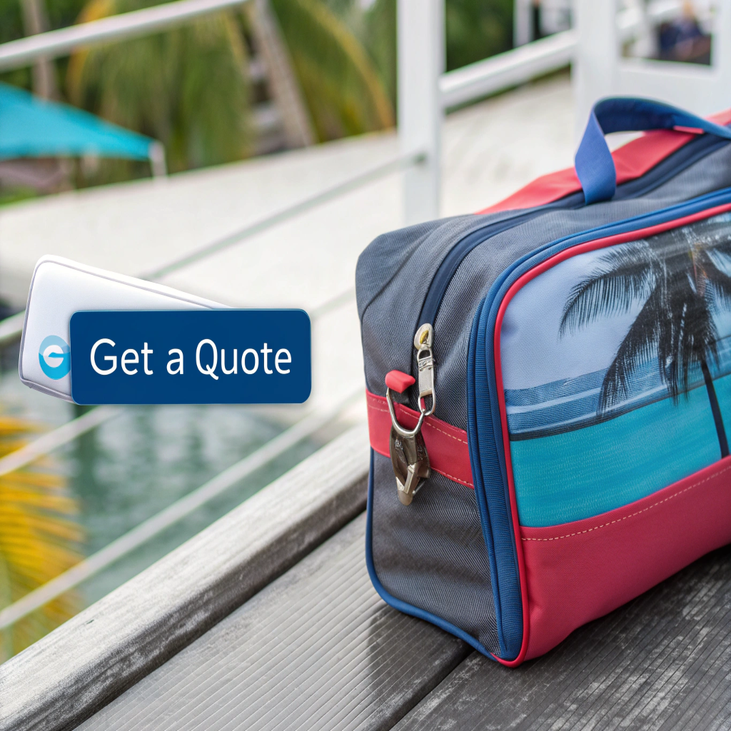 Get a Free Quote for Bulk Toiletry Bags A "Get a Quote" button next to an image of a beautiful RIVTA toiletry bag