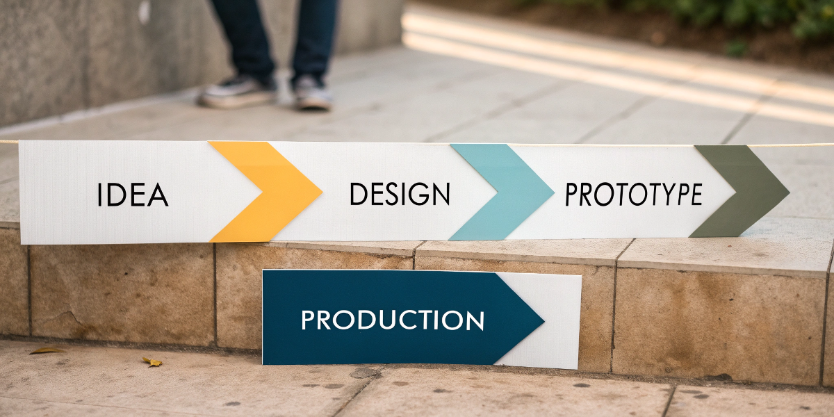 A simple four-step process graphic: Idea -> Design -> Prototype -> Production