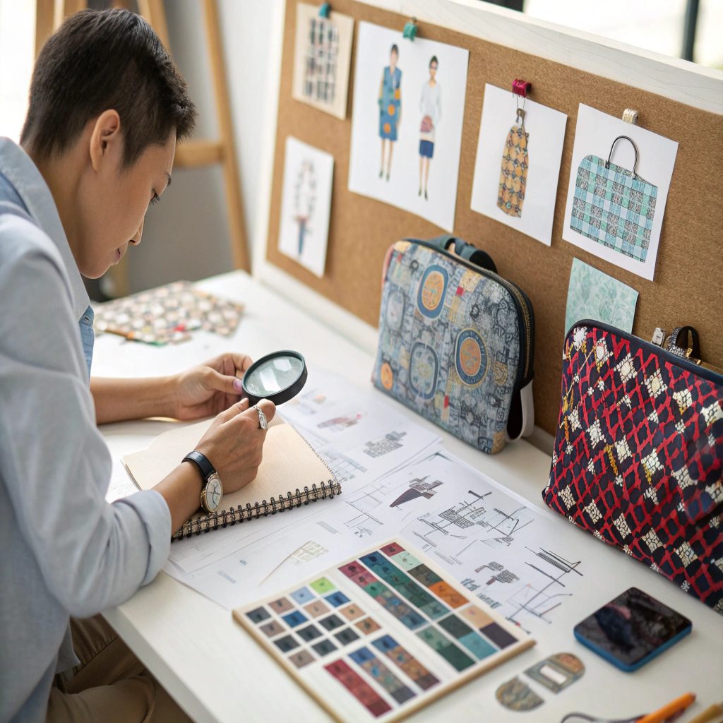 Decisions for Bulk Toiletry Bag Purchase A designer inspecting fabric swatches and design sketches for toiletry bags