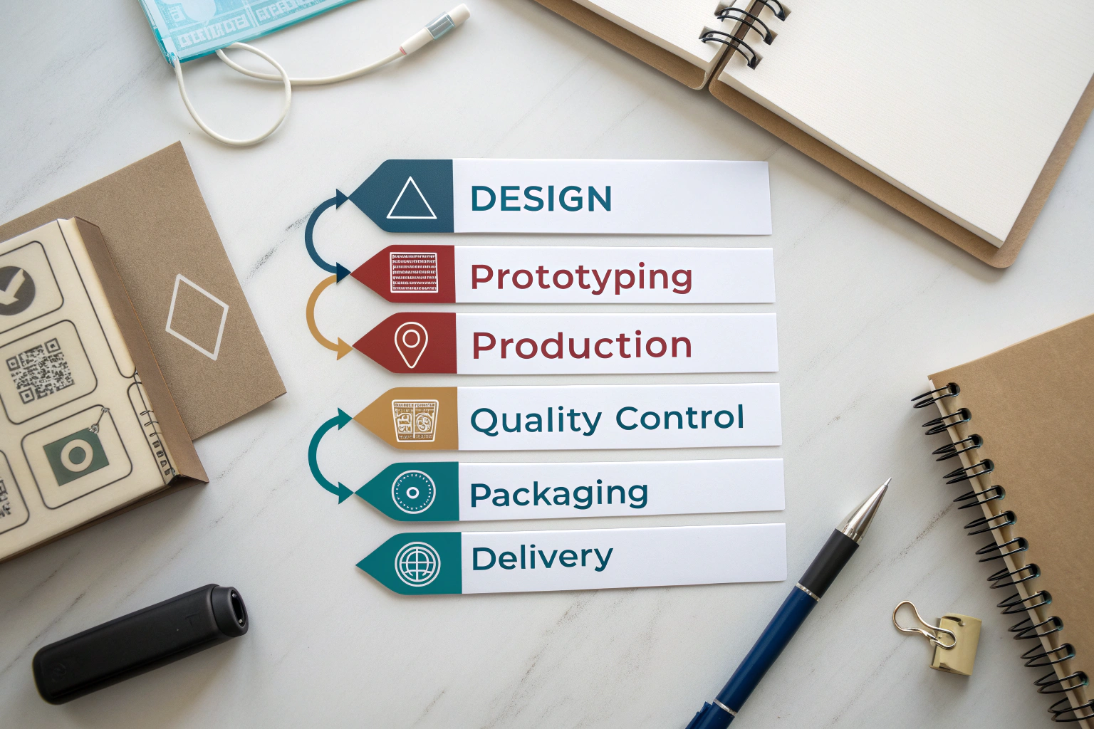A flowchart infographic illustrating the six steps of the custom manufacturing process from design to delivery