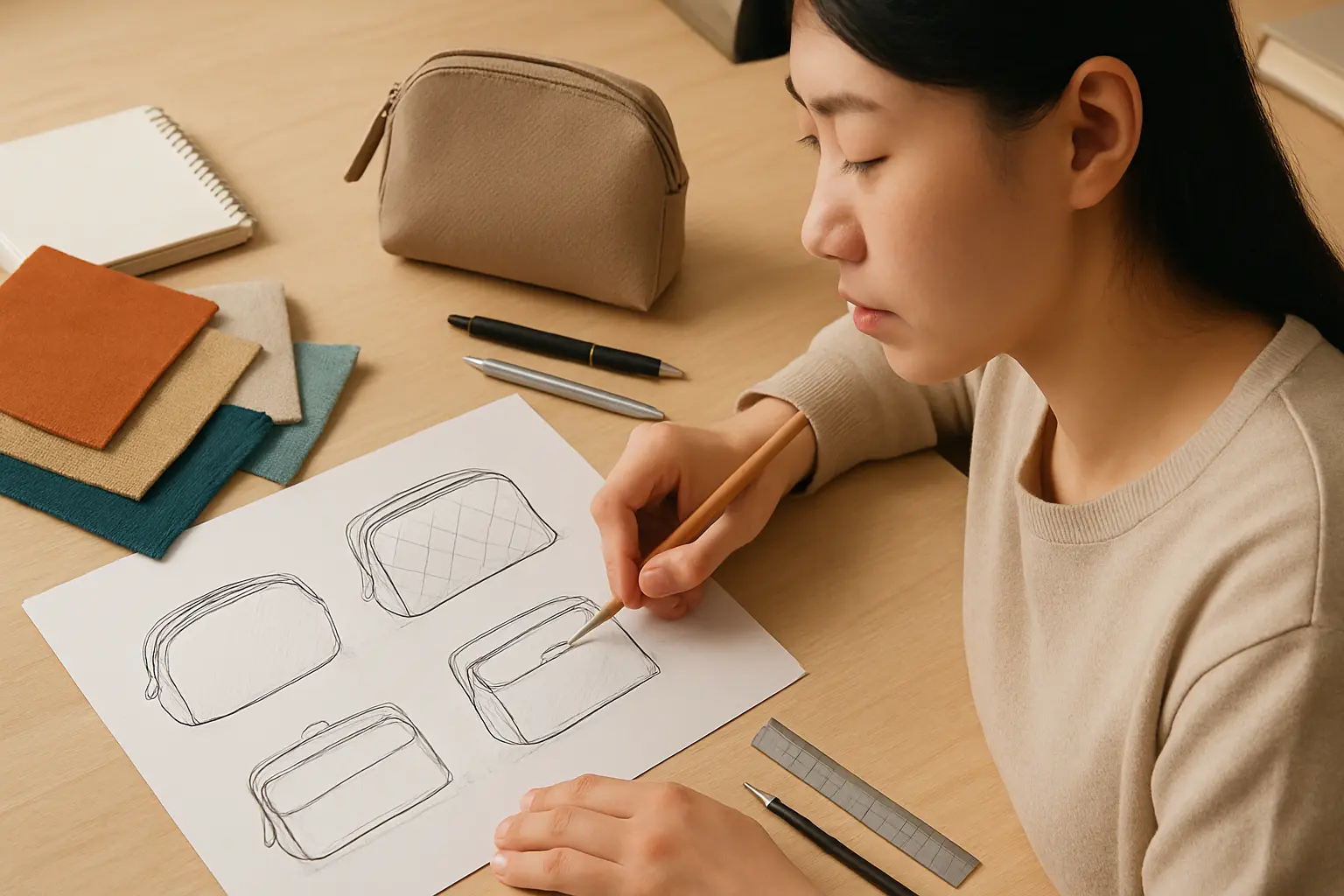 Planning a custom cosmetic bag OEM project Designer's desk with cosmetic bag sketches and materials